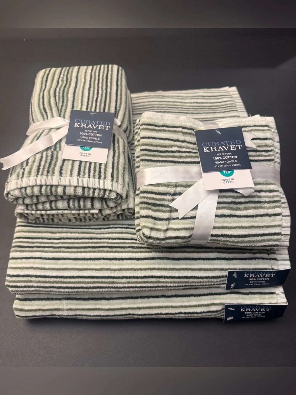 8pc CURATED KRAVET 100% Cotton Green/White Striped Bath Towel Set - Logan